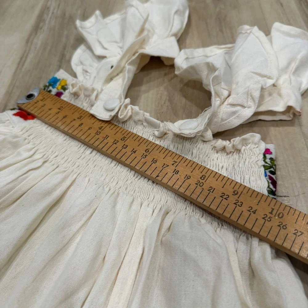 Girls White Floral Embroidered Smocked Ruffle Flutter Sleeve Dress Size 10